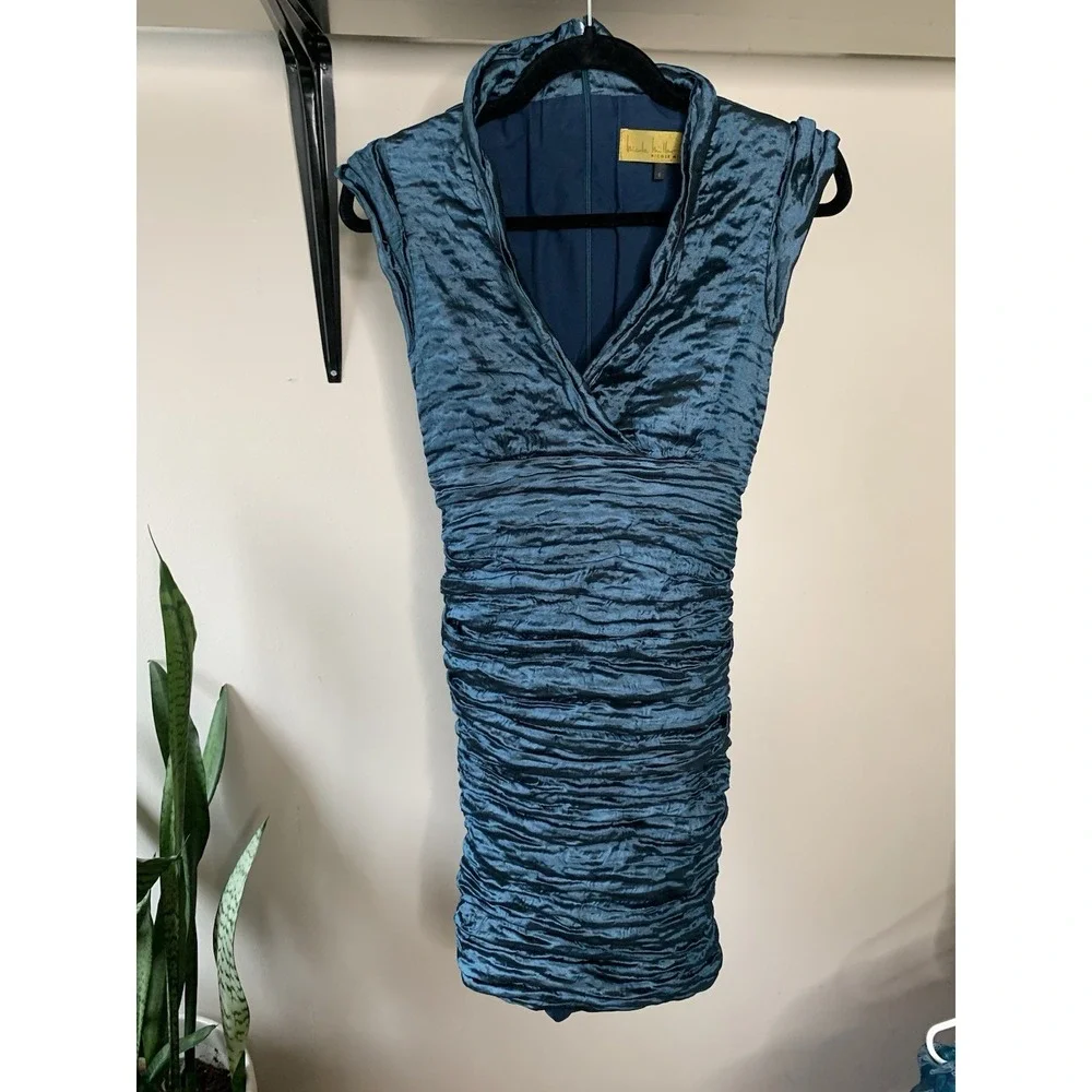 Vintage Y2K 90's Nicole Miller Gold Label Blue Rushed Dress Size 6 USA $450